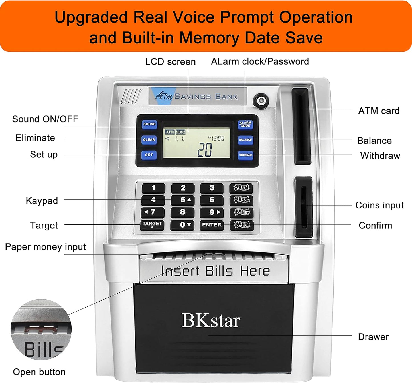 BKstar ATM Piggy Bank for Kids - Talking Electronic Money Bank with Debit Cards & Digital Coin Counter for Real Money, Boys Girls