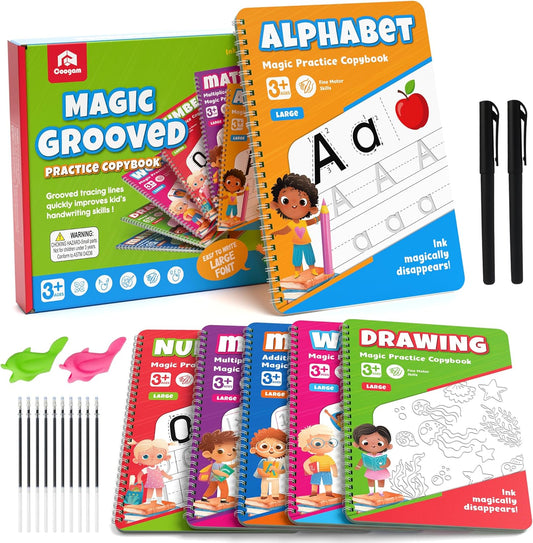 Coogam 6Pcs Magic Grooved Writing Practice for Kids, Grooved Handwriting Copybook with Pens, Learn to Write Number Letter Tracing Workbook for Kids Age 3-8 Preschool Learning Activities