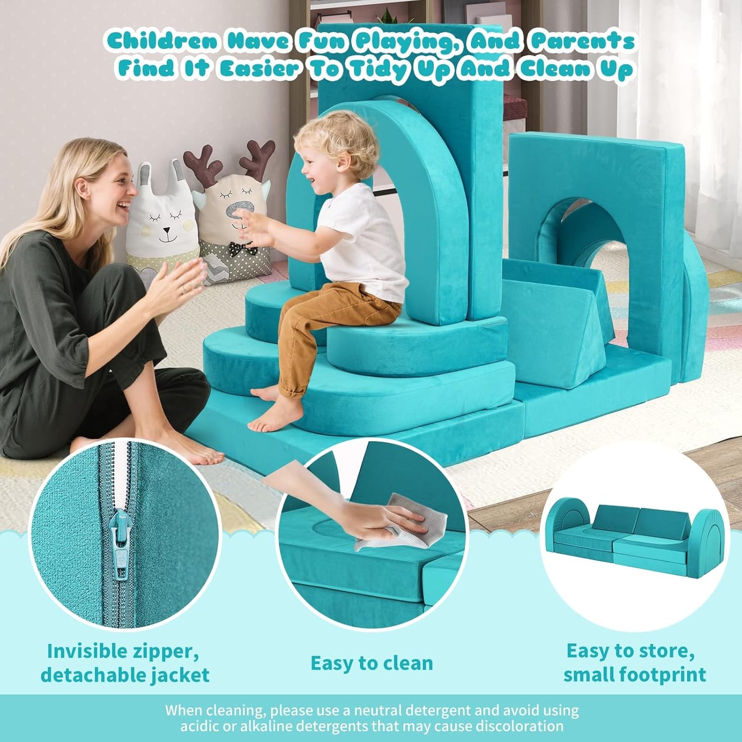 Tangram Puzzles modular kids play couch building fort, Children explorer sofa with Ball Pit, Kids playroom convertible furniture for Inspiring Child Creativity, Made entirely of sponge (Blue Series)