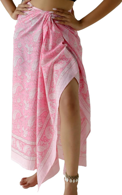 100% Cotton Sarong Cover Up for Women Indian Block Print Beach Wrap Skirt Long Boho Swimsuit Bikini Pareo (73” x 43”)