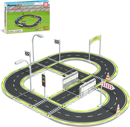 PicassoTiles Magnetic Tiles Race Track Car Thrilling Toy Playset Includes 2 Racing Trucks STEM Educational Magnet Tile Building Block Construction Set for Toddlers Boys Girls Ages 3 and Older PTR30