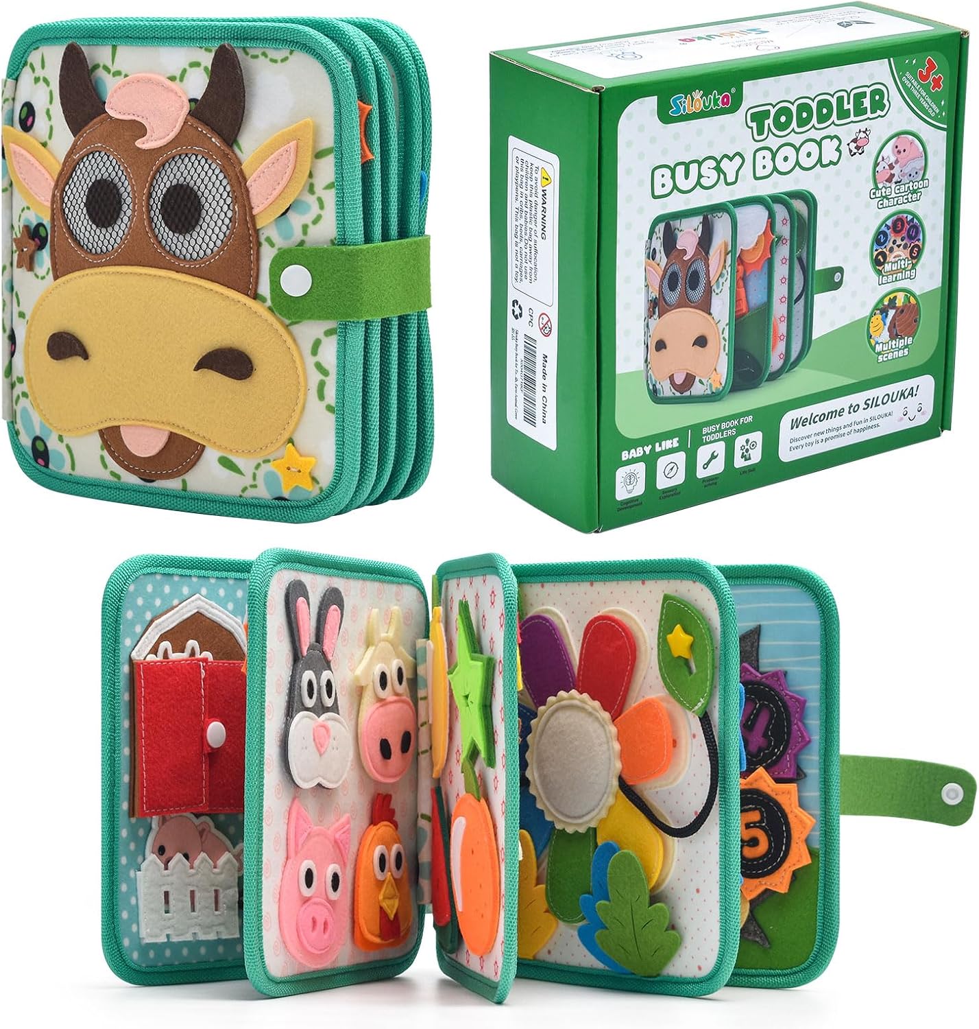 Montessori Busy Book for Toddlers 1-3, Felt Quiet Book & Busy Board for Preschool Learning, Fine Motor Skills & Sensory Play, Educational Travel Toy and Gift for Kids – Farm Animals Theme, Green