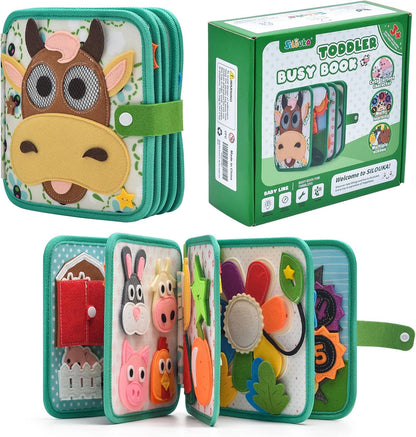 Montessori Busy Book for Toddlers 1-3, Felt Quiet Book & Busy Board for Preschool Learning, Fine Motor Skills & Sensory Play, Educational Travel Toy and Gift for Kids – Farm Animals Theme, Green