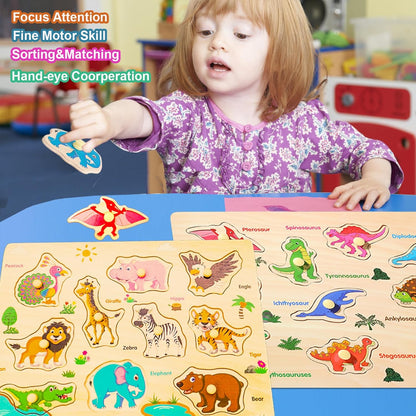 LOYUEGIYO 6PCS Toddler Wooden Peg Puzzle Toys for Age 2-4 3-5 Year Old Boys Girls,Educational Learning Sensory Toy,Puzzles for Toddlers Kids,Dinosaur&Ocean&Alphabet&Number Shape&Animal&Fruit Puzzles