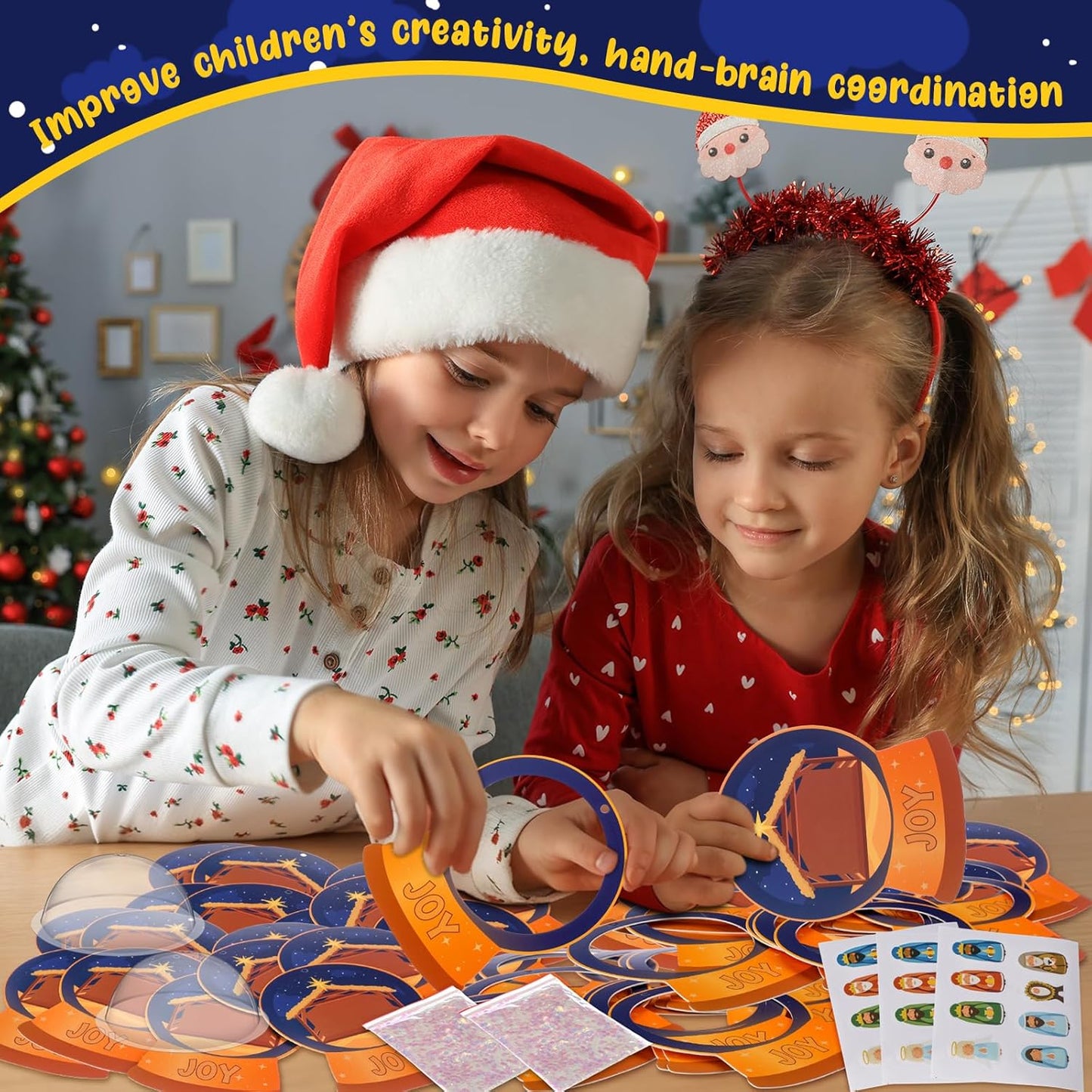 Threehoney 24 Pack Easter Nativity Craft Kit for Kids Toddler Jesus Birth Advent DIY Snow Globe Hanging Ornament with Glitter Sequin Paper Religious Holiday Classroom Decor(Joy,Silver)