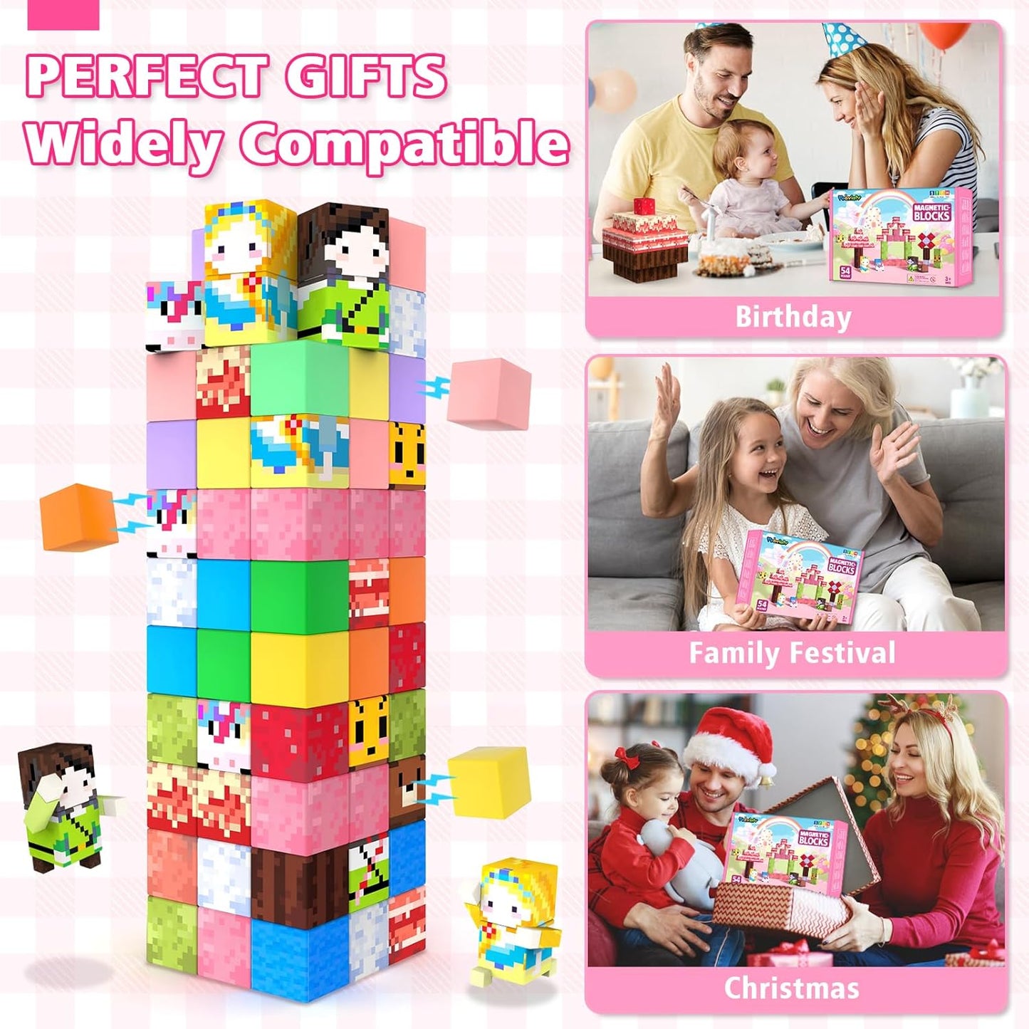 Feoxialy Magnetic Blocks - 52pcs Translucent Magnetic Cubes, Digit Building Blocks Magnet Toys for Kids, Rainbow STEM Creativity Toys 3+ Year Old Boys & Girls Toddlers Kids Christmas Birthday Gifts