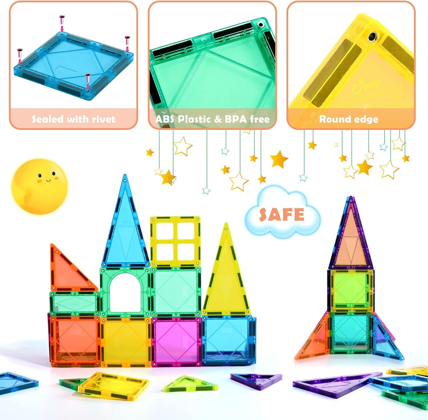 cossy 60 Pcs Magnet Tiles Magnetic 3D Building Blocks Set Educational Construction Toys for 3+ Year Kids with Stronger Magnets, Rivets-Fastened, Educational,Recreational, Conventional