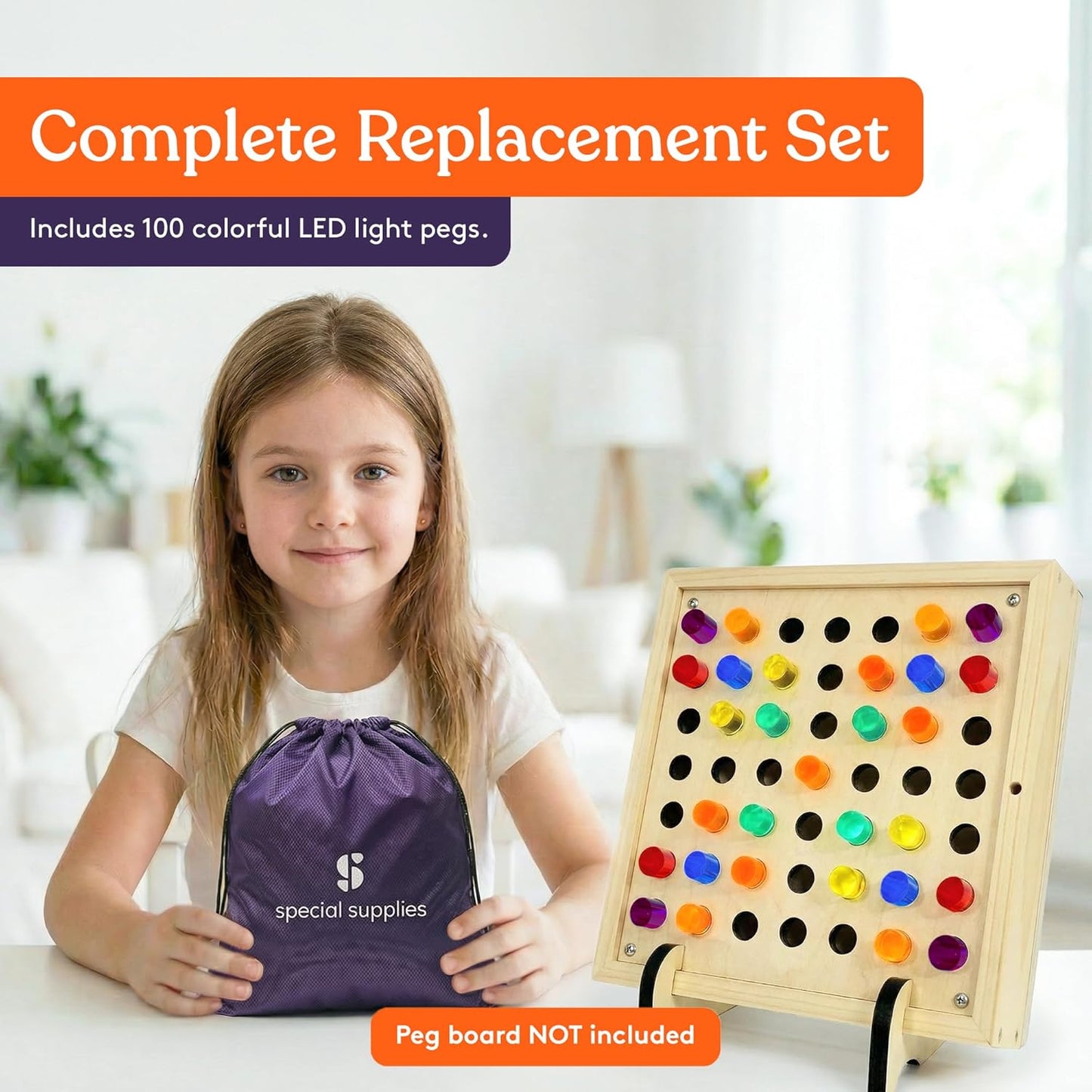 Special Supplies Set of 100 LED Light Peg Board Replacement Pieces for Kids LED Peg Wall, Colorful Illuminated Pegs for Creative Play and STEM Learning- 1” x 4”