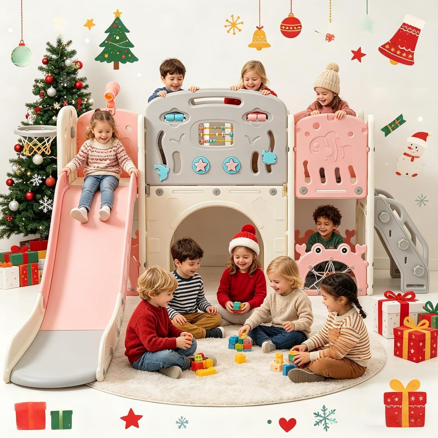 11in 1 Toddler Slide, Kid Slide for Toddlers Age 1-3 with Telescope, Basketball Hoop, and Telescope, Indoor Outdoor Playset Playground Blue Grey