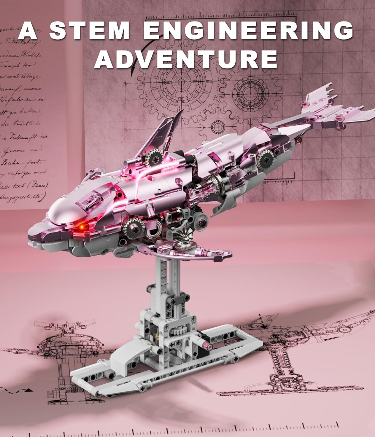 Moving Mechanical Dolphin Building Set - Hand Crank Model Kit with Swimming Tail, Movable Jaw & Glowing Lights | STEM Educational Toy & Unique Desk Decor for Ages 8+, Adults, Blue