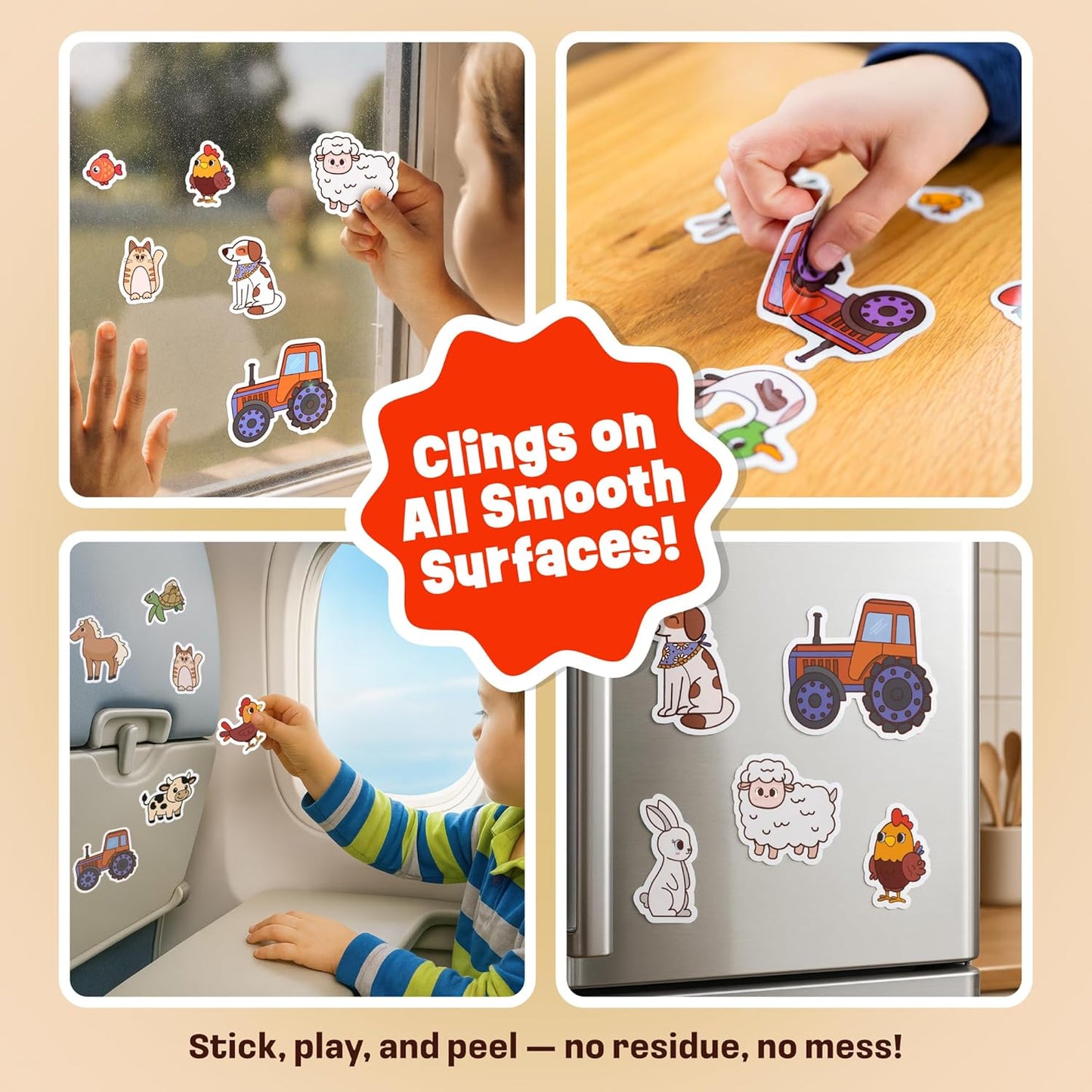 Reusable Jelly Sticker Book - Farm, 7 Scenes - 50 Thick Washable Stickers for Toddlers & Kids: Animals Stickers for Kids, Gift for Ages 3-5 Years Old - Toddler Travel Toys 2-4, Road Trip Activities