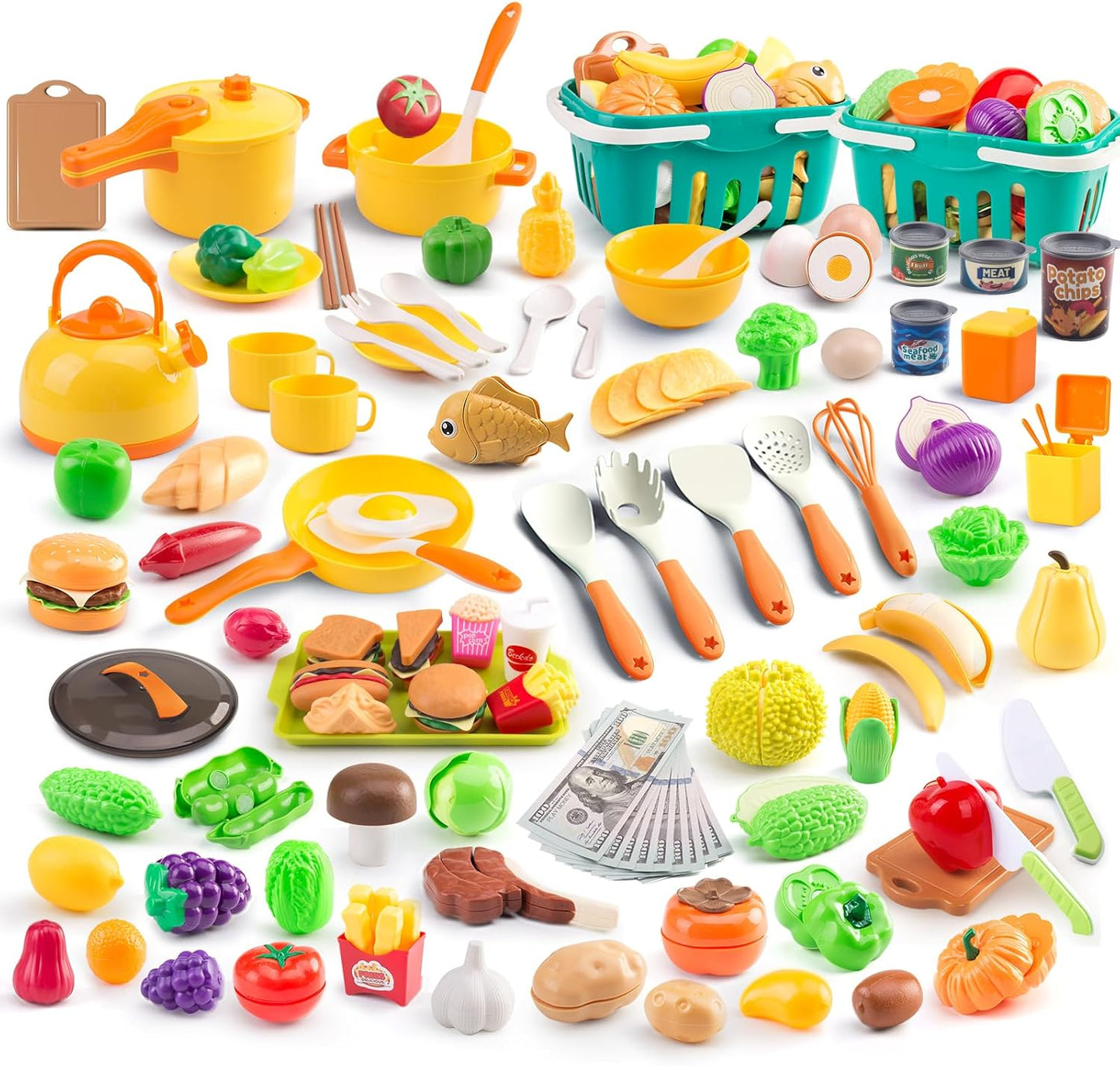 60Pcs Kids Mini Play Kitchen Accessories, Pretend Cooking Play Set with Cookware, Tableware & Fruit & BBQ Sets, Learning Gift for Boys, Girls, Toddlers,Yellow