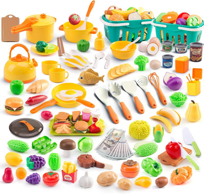 60Pcs Kids Mini Play Kitchen Accessories, Pretend Cooking Play Set with Cookware, Tableware & Fruit & BBQ Sets, Learning Gift for Boys, Girls, Toddlers,Yellow