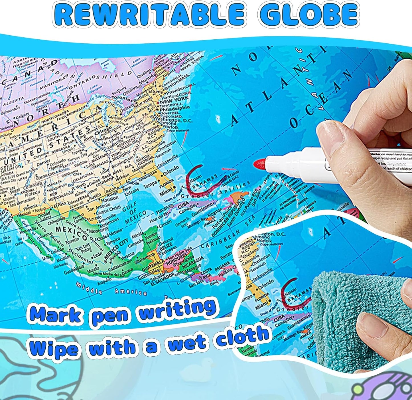 Classroom Globes Elementary, 13in Large Globe More Detailed with Countries & Capitals & State Capitals, Political Teaching Tool for Adults & Children - No Assembly Required