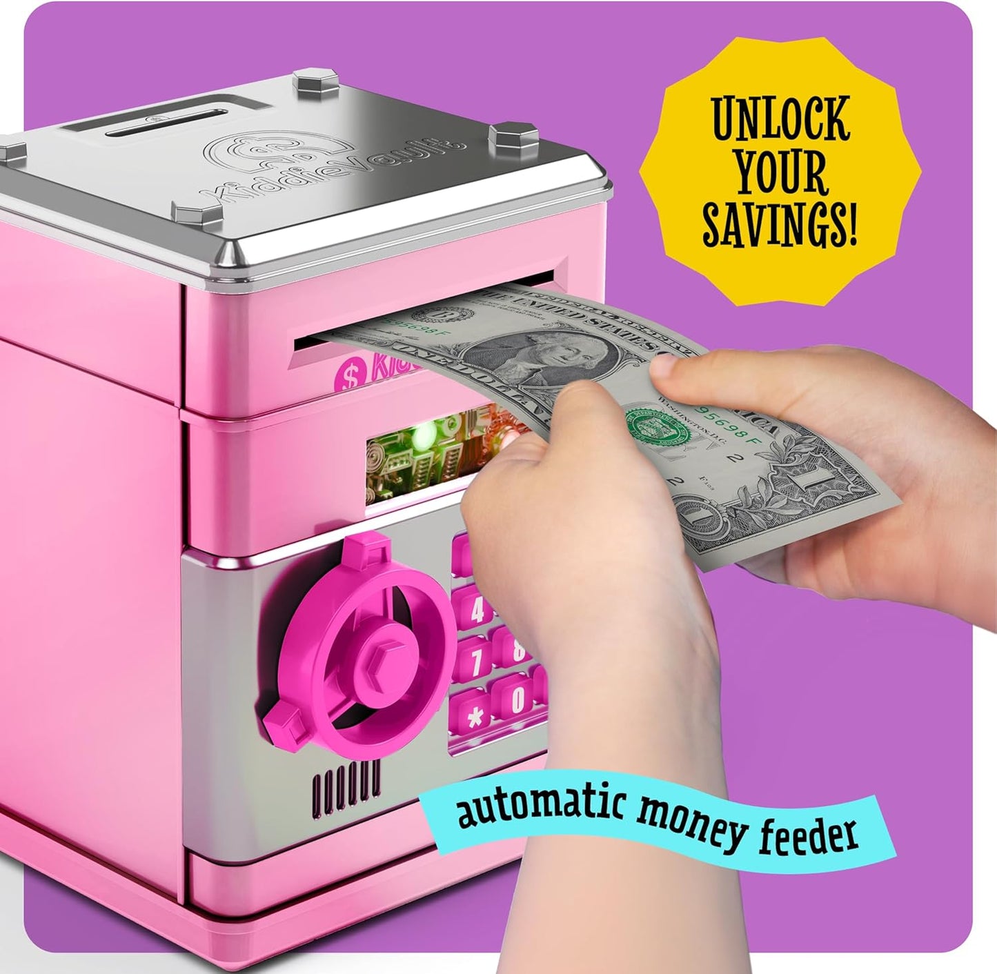 Piggy Bank for Kids - Electronic Money Saving Box w/Code- ATM Safe - Toy Coin Bank - Toys for Girls Age 3, 4, 5, 6, 7 - Birthday Gifts for 8, 9, 10, 11, 12 Year Old Girl (Pink & Silver)