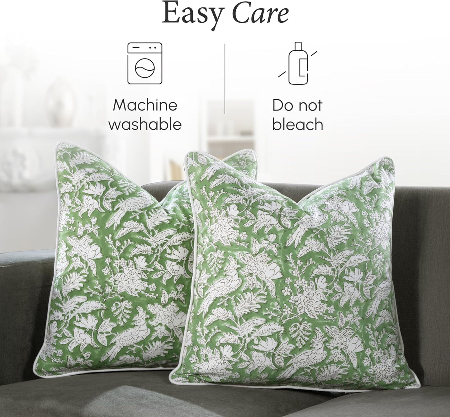 CPC 100% Cotton Throw Pillow Covers 18x18 Inch, Set of 2 Green Block Print Pattern Couch Pillow, Cute Boho Decorative Pillows for Living Room, Bedroom with Hidden Zipper- Agate Green