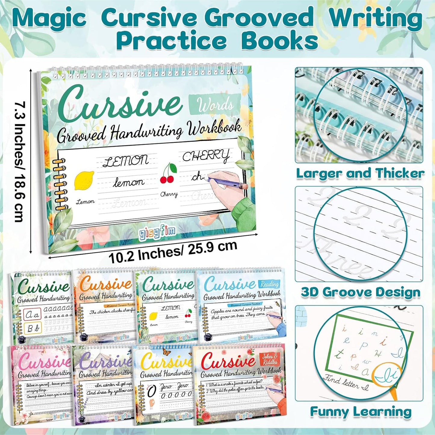 gisgfim 8 Pack Grooved Cursive Handwriting Workbook Learning Grooved Cursive Reusable Handwriting Practice kit with Disappearing Ink Pens Magic Copybooks Set for Kids Beginners Kickoff Student