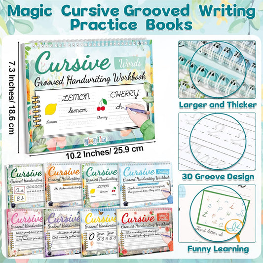 gisgfim 8 Pack Grooved Cursive Handwriting Workbook Learning Grooved Cursive Reusable Handwriting Practice kit with Disappearing Ink Pens Magic Copybooks Set for Kids Beginners Kickoff Student