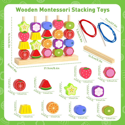 Melofaver Montessori Toys for 3 4 5 Year Old, Wooden Fruit Toddler Stacking Toys, Stacking Blocks & Lacing Beads & Shape Sorter Toy for Toddler, STEM Preschool Learning Toys for Kids Boys Girls
