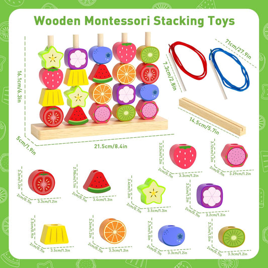 Melofaver Montessori Toys for 3 4 5 Year Old, Wooden Fruit Toddler Stacking Toys, Stacking Blocks & Lacing Beads & Shape Sorter Toy for Toddler, STEM Preschool Learning Toys for Kids Boys Girls