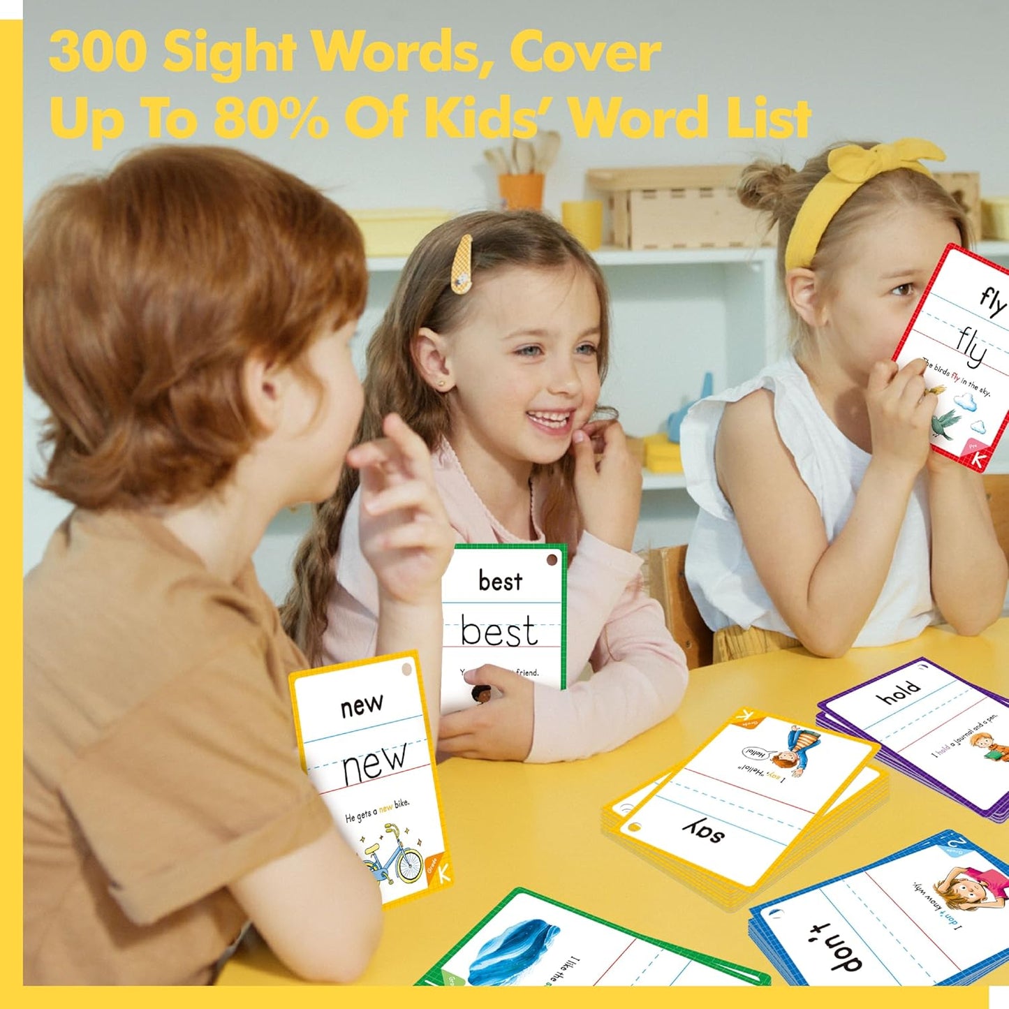 300 Sight Words Flashcards, 150PCS Double-Sided Erasable Reusable Cards Dolch & Fry Word Lists Montessori Toy for Kindergarten Preschool Toddlers 3 4 5 Years Old (5 Plastic Rings Attached)