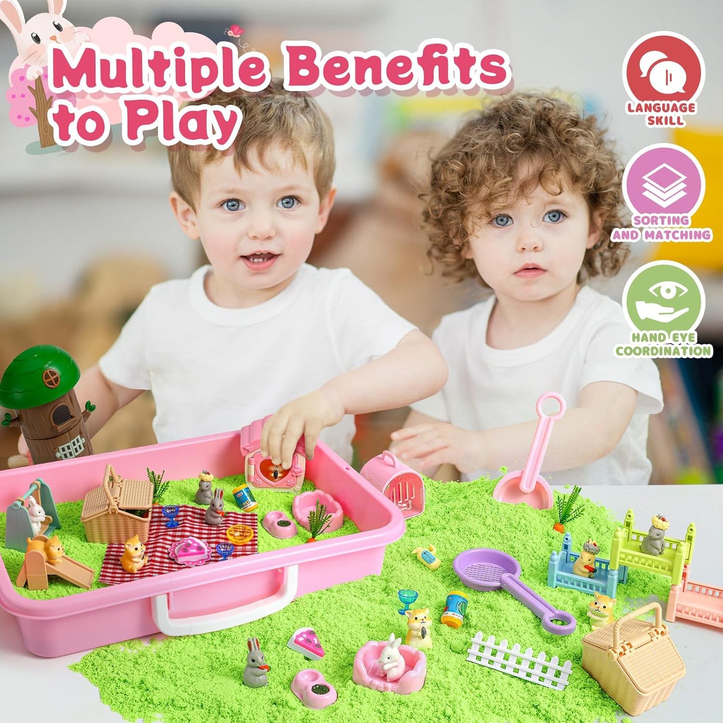 KNASON Rabbit and Hamster Sensory Bin,Play Sand Kit for Girls and Boys with 2.2lbs Sensory Sand and Box,Pet Sandbox Toys Role Pretend Play Beach Toy Birthday Present for Toddler Ages 3 4 5 6 7 8