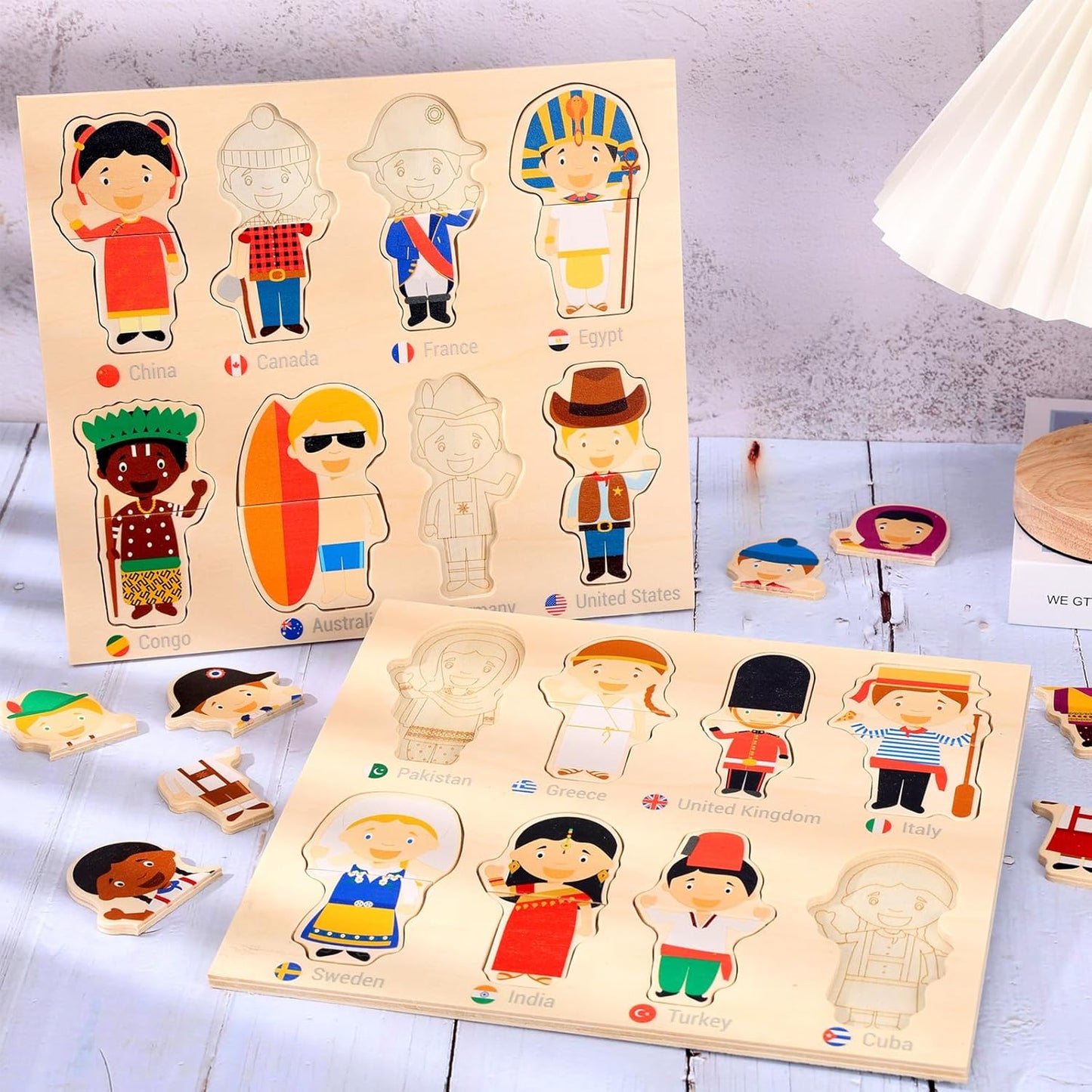 2 Set Wooden World Countries Puzzles for Toddlers 16 Mix and Match Racial Cognition Characters Diversity Educational Toys Multicultural Dress-Up Peg Puzzle Learning Toy for Boys and Girls