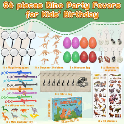 Dinosaur Party Favors for Kids,Dino Birthday Toys with Hatchable Eggs,Glow-in-the-Dark Keychains, Skeleton Models,3D Stickers & Magnifying Glass – Dinosaur Themed Party Toys for Boys & Girls