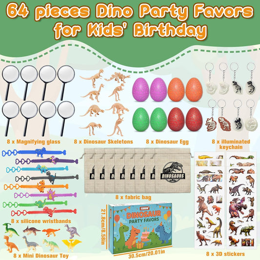 Dinosaur Party Favors for Kids,Dino Birthday Toys with Hatchable Eggs,Glow-in-the-Dark Keychains, Skeleton Models,3D Stickers & Magnifying Glass – Dinosaur Themed Party Toys for Boys & Girls