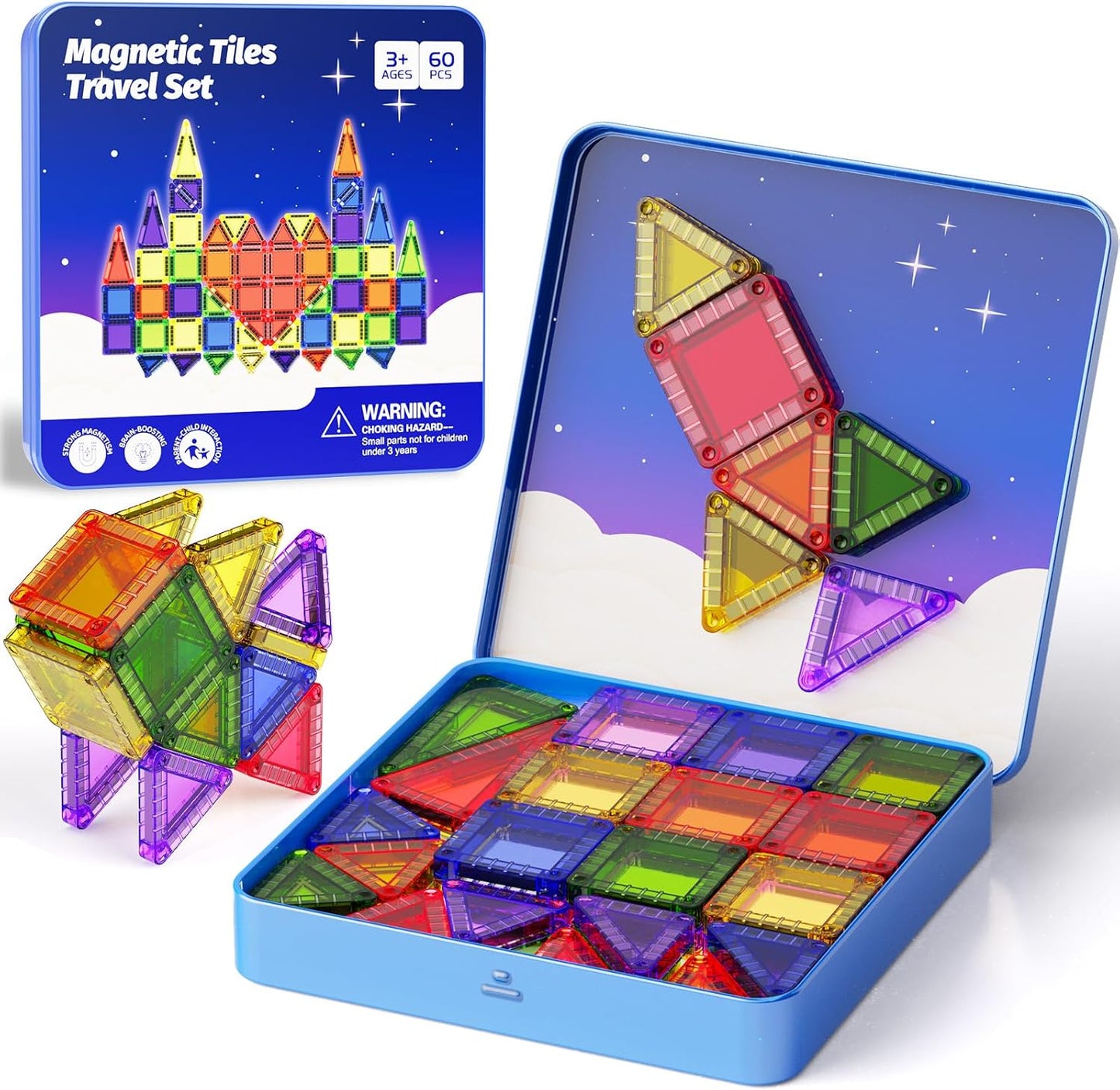 Magnetic Tiles for Kids Ages 4-8, Magnetic Blocks Travel Set with Diamond Surface & Metal Storage Box, 60PCS STEM Learning Toys, Educational Building Gifts for 3-8 Year Olds