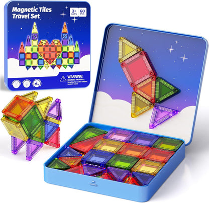 Magnetic Tiles for Kids Ages 4-8, Magnetic Blocks Travel Set with Diamond Surface & Metal Storage Box, 60PCS STEM Learning Toys, Educational Building Gifts for 3-8 Year Olds