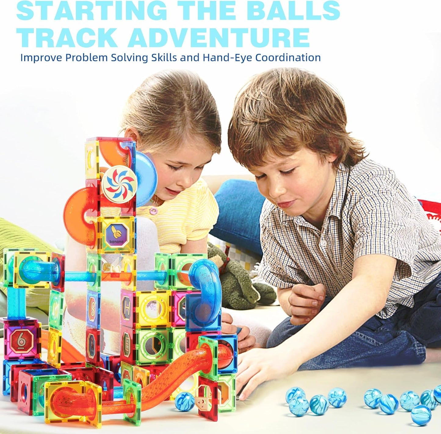 MAGBLOCK 85Pcs Marble Run Magnetic Tiles Toy Building Blocks STEM Educational Child Brain Development Kit Magnet Construction Toys for Boys Girls Kids Age 5 6 7+ Years Old