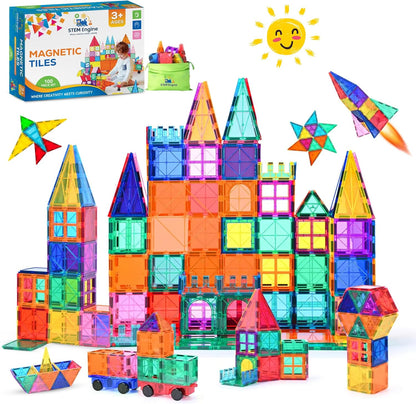 100 Pc Magnetic Tiles Building Blocks Set for Kids Educational Magnet Toys for Preschool Learning, Creative Play Room Toys for Boys & Girls