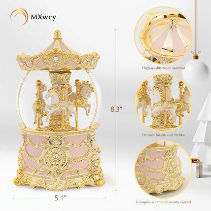 Carousel Music Box Gold & Ivory Christmas Snow Globes, 8.3" Rotate Carousel Snow Globe for Kids & Adults, Classic Wind up Musical Snow Globe Birthday Gifts for Women Girls, Carousel Horse Home Decor