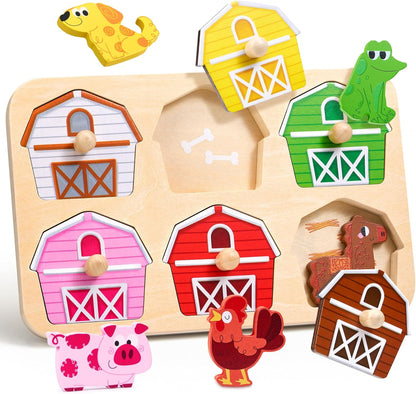 JoyCat Wooden Puzzles for Toddlers 1-3, Montessori Toys for 1 2 Year Old Boy Girl Birthday, Animal Match Farm Peg Puzzles, Preschool Learning Toys for Toddlers Age 1-2