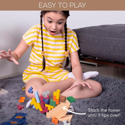 Tower Stack Game - 32PCS Wooden Balance Game with Building Blocks & Cards - Durable Tetra Tower Stacking for Kids & Adults - Fun 1+ Player Balance Stacking Games.