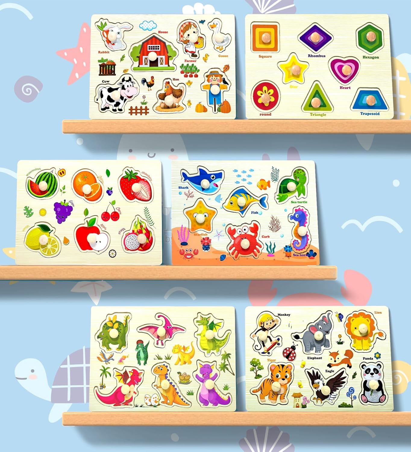 Wooden Peg Puzzles for Toddlers,Montessori Toddler Jigsaw for Child,Fine Motor Skill Learning Puzzle Toys for Baby Boys Girls Gifts-6 Pcs Shape,Farm,Sea Animal,Dinosaurs,Fruits,Animal