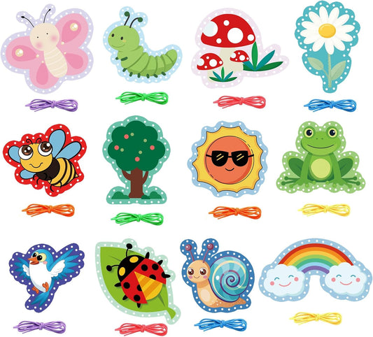 Well Tile 12 Pack Summertime Lacing Cards Double Sided Sewing Cards with Colorful Laces Lacing for Develops Hand-Eye Coordination & Fine Motor Skill