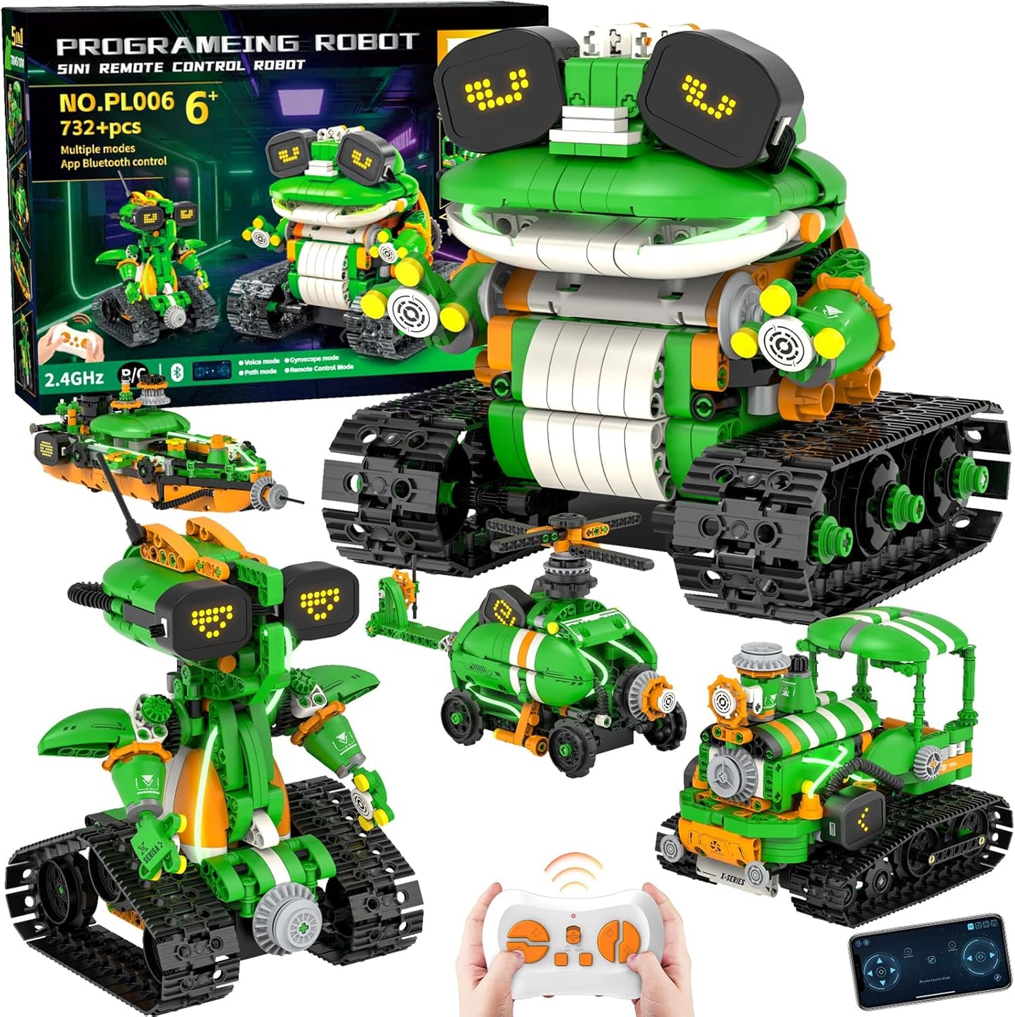 QHECTTY STEM Robot Building Kits for Kids 6-14, 5in1 Remote & APP Controlled STEM Tractor/Frog/Robot Building Toys, 732 Pcs Educational Building Block Sets for Kids, Erector Sets Gifts for Boys Girls