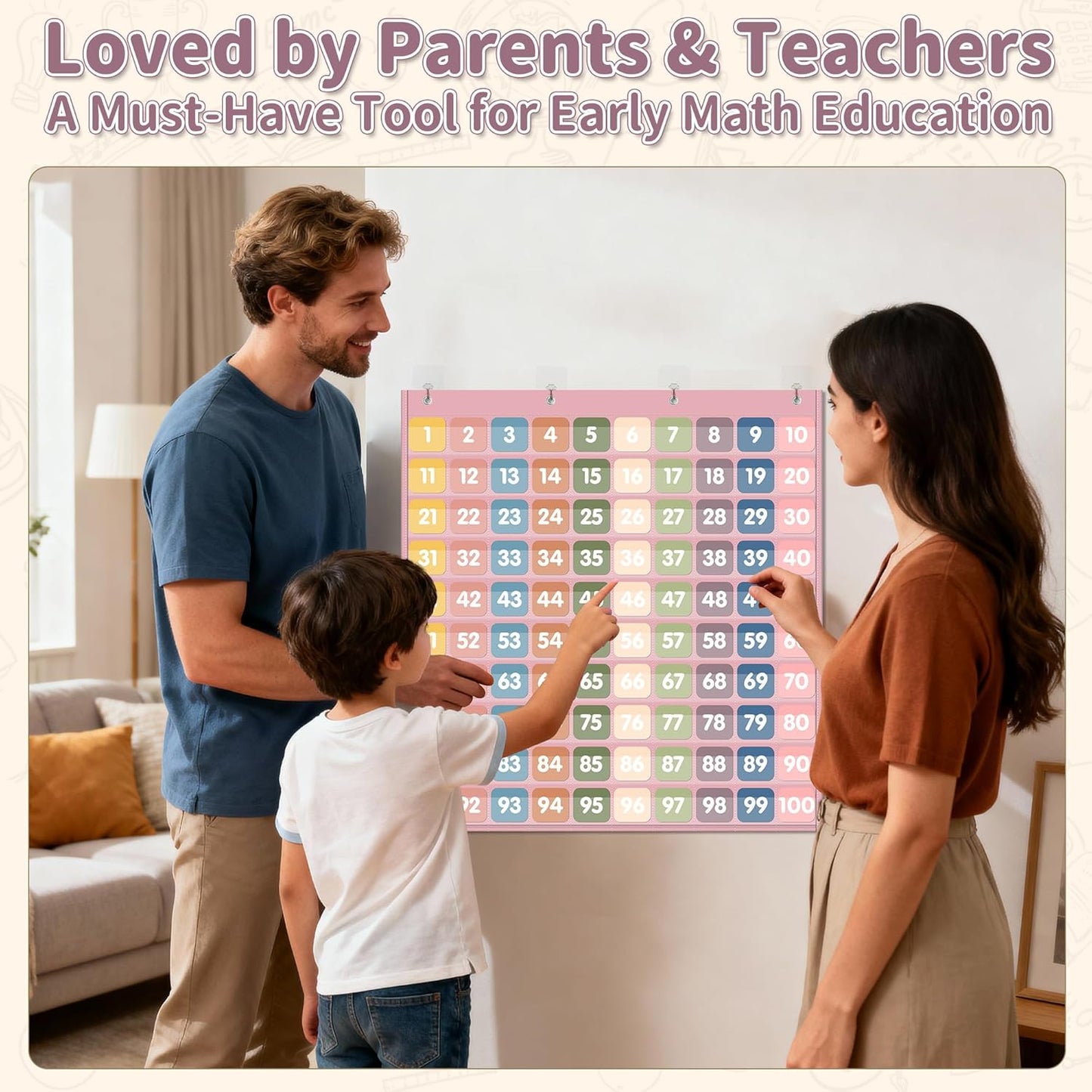 Yoink 100 Pockets Number Chart with 120 Double-Sided Number Cards, Boho Hundred Pocket Chart for Classroom Homeschool Teachers Kids Learning, Pink