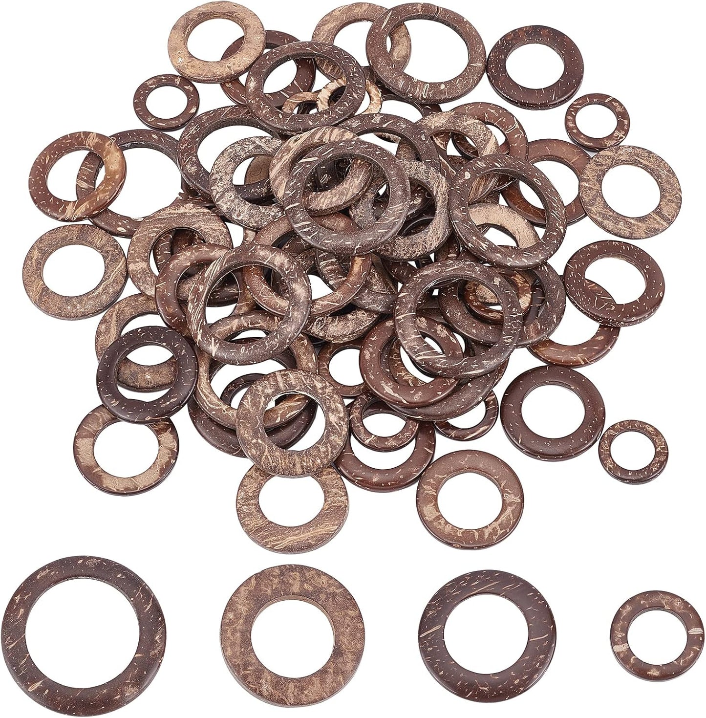 PH PandaHall 80pcs Wooden Linking Rings 4 Styles Coconut Rings Undrilled Mini Circle Pendant Connectors Hollow Wood Circles for Earring Bracelet Necklace Macrame Jewelry DIY Craft Making, 20~38mm