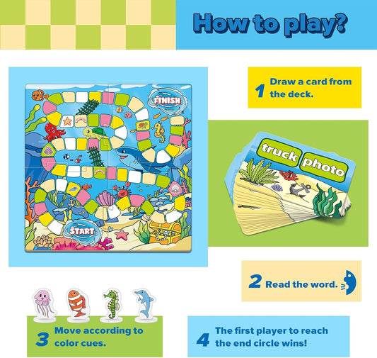 Broytain Word Ocean Phonics Board Game for Kids, Educational Learning Board Game for Boys and Girls, Reading and Spelling Game Ages 4-6, Classroom Travel Indoor Outdoor Family Game