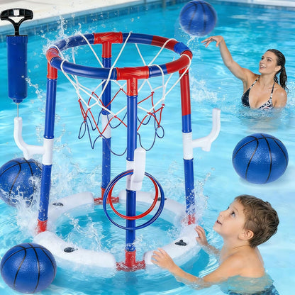 Taotuo Red Floating Pool Basketball Hoop, 2-in-1 Basketball & Ring Toss Game with 4 Balls, 6 Rings&Pump, Summer Pool Toys Outdoor Water Fun Family Party for Age 3-12