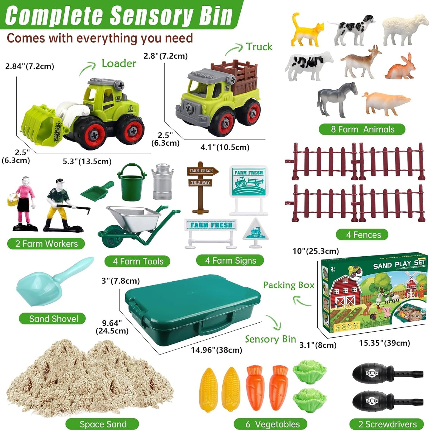 Aliex Farm Sensory Bin, Farm Sensory Kits Toy with 2.2lbs Play Sand, 31pcs Animals Trucks Creativity Magic Sand Box with Lid, Christmas Birthday Gift for Boys Kids Toddlers Ages 3 4 5 6 7 8