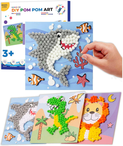 Little Jupiter DIY Pom Pom Art - Makes 3 Pieces -Boy & Girl Crafts for Kids Age 3-5 - Toddler Crafts - Pom Pom Art Projects for Kids 3-5 - (Set 2-Unicorn, Rainbow, Cat)