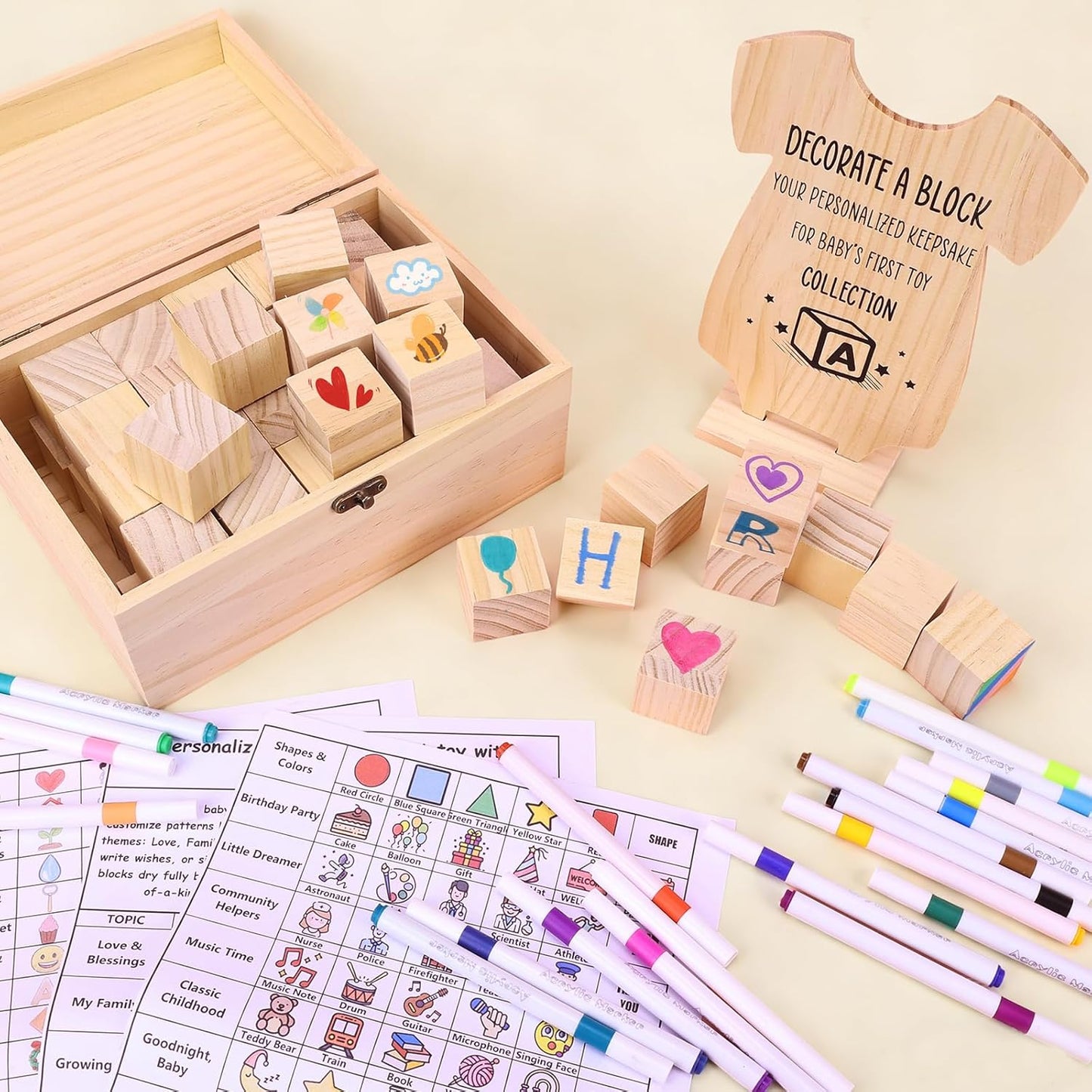 79 PCS Baby Shower Game Kit, Fun Baby Shower Blocks Decorating Game Includes 52 Wooden Blocks, 24 Markers, 1 Game Sign, 1 Storage Box and 1 Pattern Guide, Suitable for Boys and Girls, Natural Wood