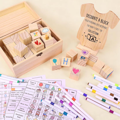 79 PCS Baby Shower Game Kit, Fun Baby Shower Blocks Decorating Game Includes 52 Wooden Blocks, 24 Markers, 1 Game Sign, 1 Storage Box and 1 Pattern Guide, Suitable for Boys and Girls, Natural Wood