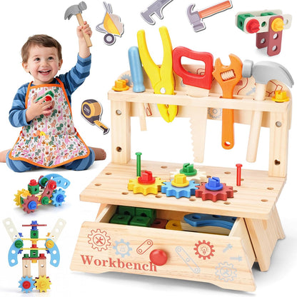REXBETI Kids Tool Set with Electric Drill, 43Pcs Wooden Toddler Tool Bench with Apron, Educational Montessori Toys for 3 Year Old Boys, Toddler Tool Set, Birthday Gifts for 3 4 5 Year Old Boy Girl