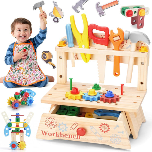 REXBETI Kids Tool Set with Electric Drill, 43Pcs Wooden Toddler Tool Bench with Apron, Educational Montessori Toys for 3 Year Old Boys, Toddler Tool Set, Birthday Gifts for 3 4 5 Year Old Boy Girl