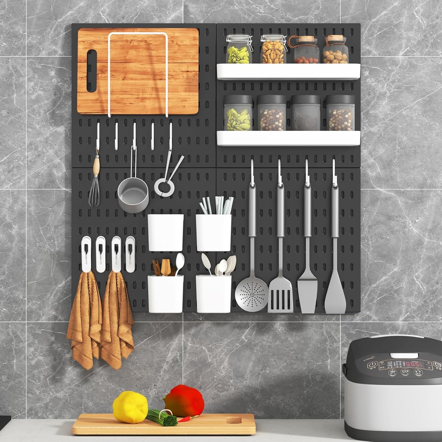 Peg Board Combination Kit, 4 Pegboards with 20 Accessories, Pegboard Wall Organizer for Office, Nursery & Home Storage, Key Holder, 25.6"x25.6" – Nail-Free Installation（White）